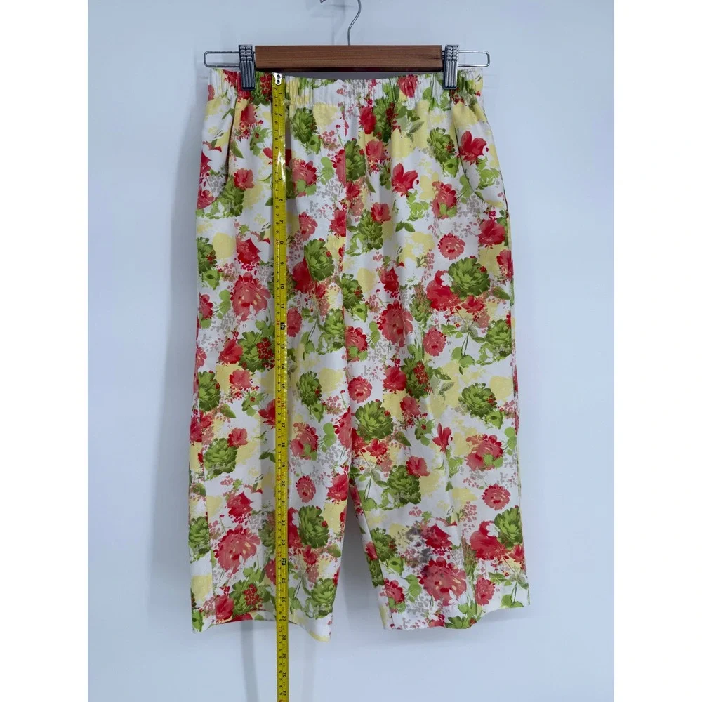 Alia Womens Floral Cropped Pants Red Green Yellow Elastic Waist Sz 8 Wide Leg